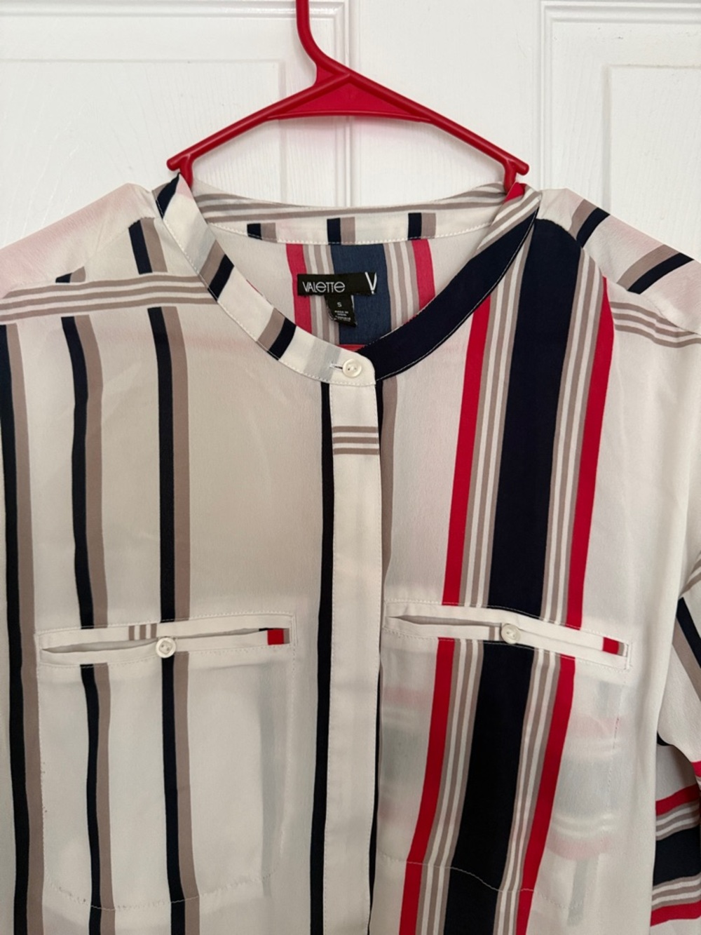Vigotte Striped Button-Front Blouse in White, Navy & Red